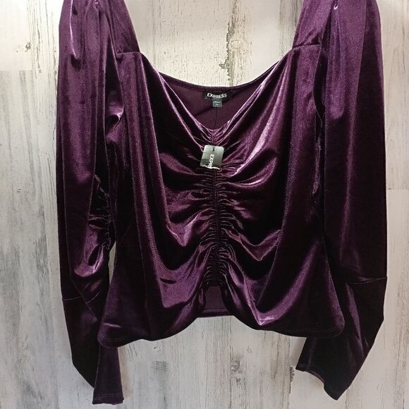Express Velvet top Ruched front puff sleeves in purple 💜 LOVE THIS VINTAGE LOOK - Picture 2 of 8